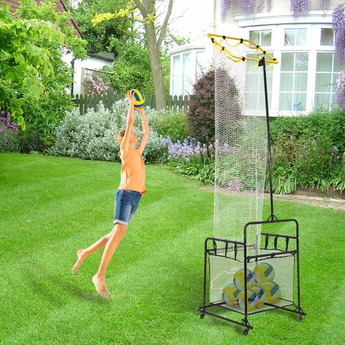 Volleyball Training Equipment Portable Practice Net Equipment with Wheels and Ball Collection Bag Sturdy Base Volleyball Spike Trainer with 5 Height and Angle Adjustments