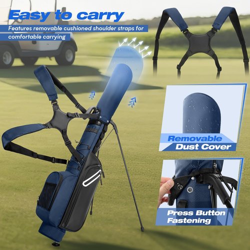 GOBUROS Golf Stand Bag Fit Up to 7 Clubs, Compact Design for Par 3 Courses and Driving Range, Lightweight Pitch and Putt Golf Bag, with Padded Double Strap, Rain Cover, Accessory Pockets, Blue