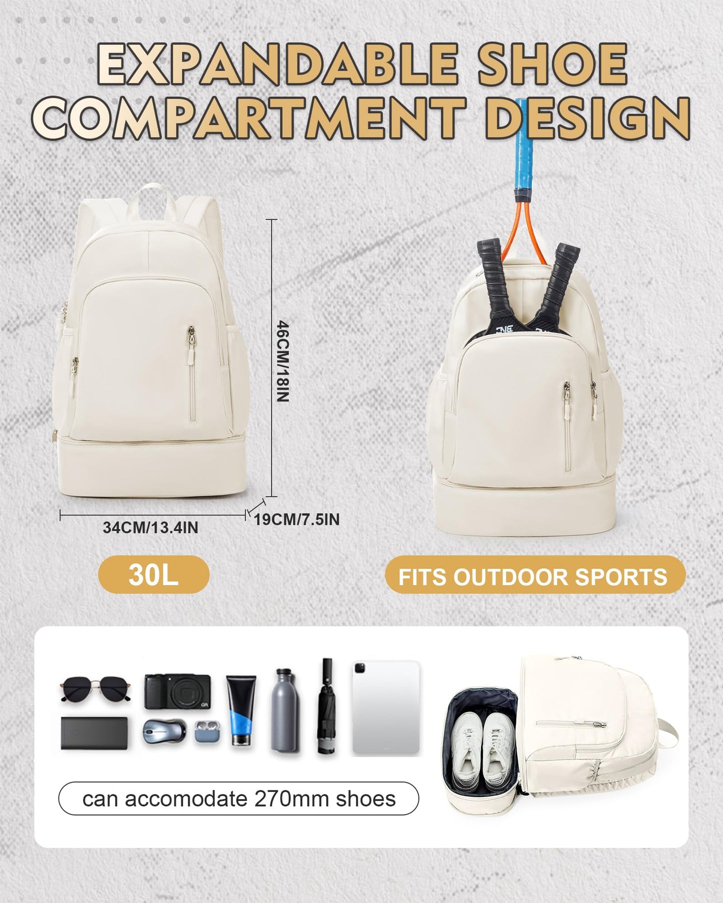 VENATIN Gym Backpack for Women Men, Lightweight Gym Bag with Shoe Compartment, Waterproof Sports Backpack with Wet Pocket for Yoga Fitness Sports, Beige