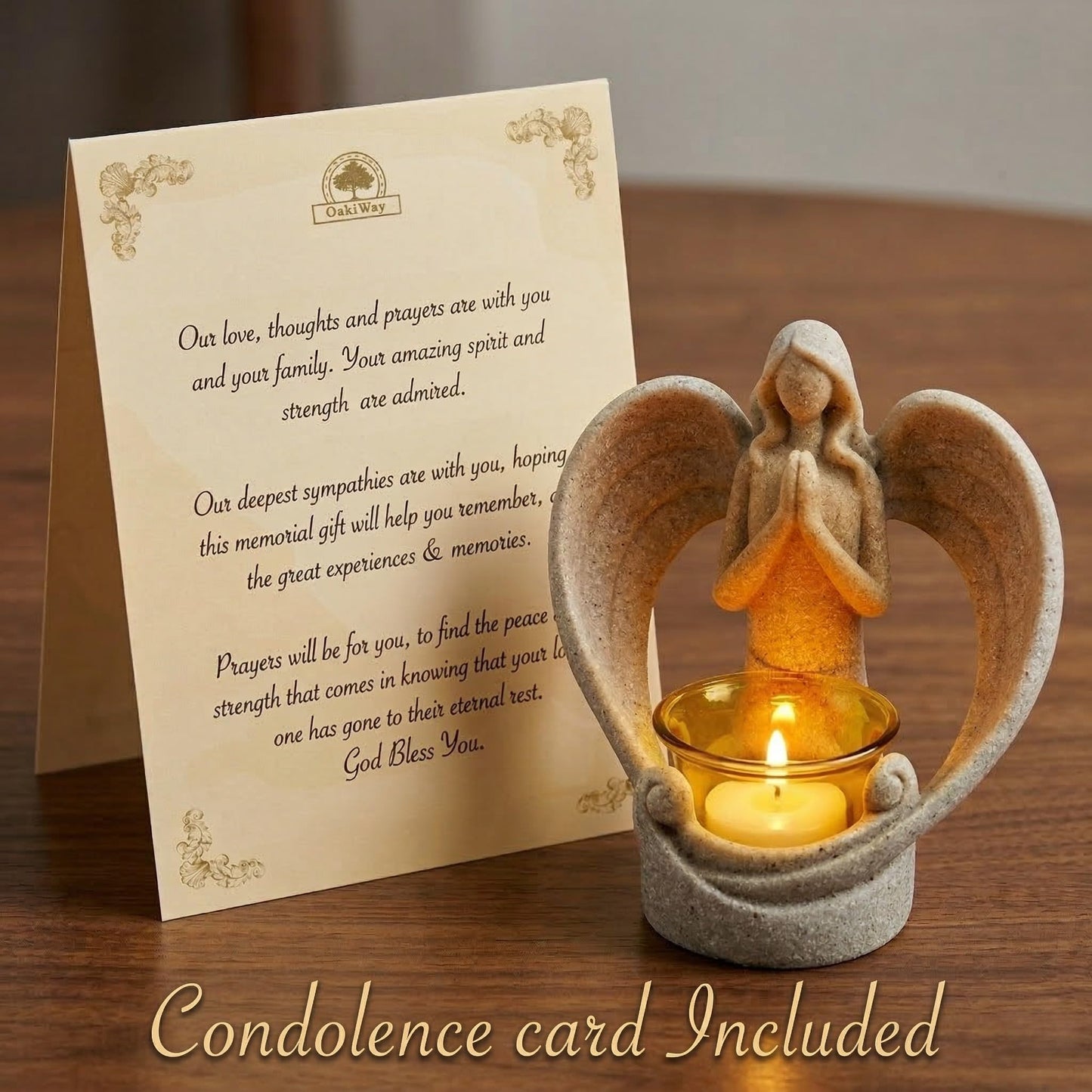 OakiWay Memorial Candle Gifts – Angel Figurines Tealight Candle Holder, Sympathy Gifts for Loss of Loved One, W/Flickering Led Candle, Bereavement, Grief, Funeral, Remembrance, Memory Home Decorations