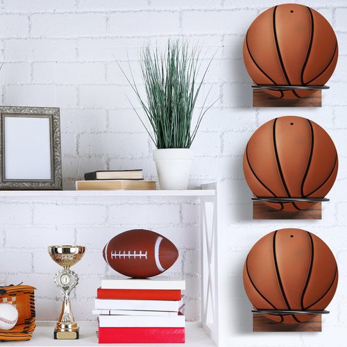 Threan 6 Pcs Ball Holder Wall Mount Ball Stand Display Storage with Wooden Base for Basketball Football Soccer Volleyball, Sports Accessories Organizer for Player Fans