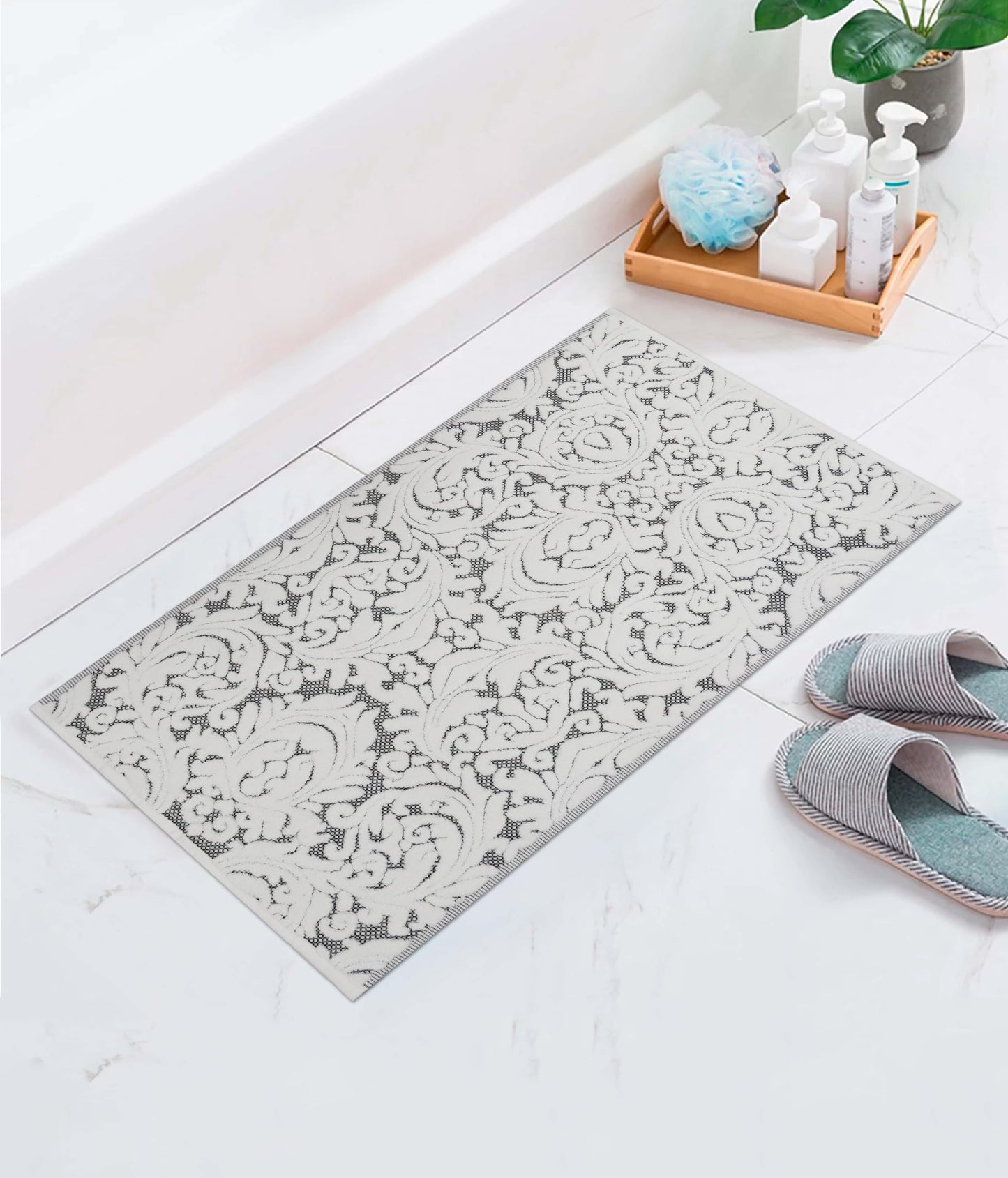 COTTON CRAFT Bath Tub Mat - 1 Pack Sculpted Damask Terry Jacquard Step Out Floor Mat - Heavyweight 1100 GSM Low Lint Absorbent Luxury Bathroom Mat - Shower Rug -Not a Bathroom Rug - 21 x 34 - Black