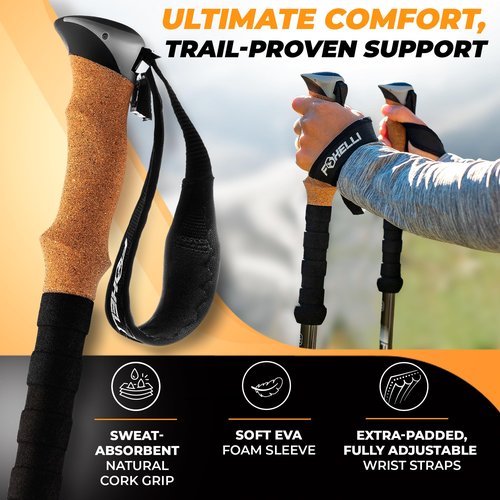 Foxelli Carbon Fiber Trekking Poles – Lightweight Collapsible Hiking Poles with Cork Grips, Lever Locks & All Terrain Accessories