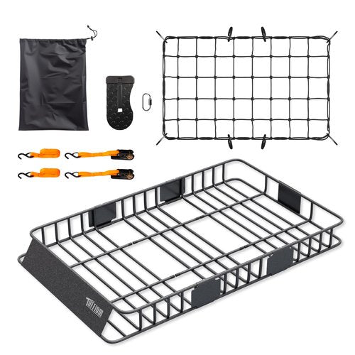TUFFIOM 64"x 39"x 6" Universal Rooftop Cargo Carrier Basket, Extendable Steel Roof Rack Basket w/Net+Storage Bag+Pedal+Straps, Heavy Duty Car Top Rack Luggage Holder Carrier for SUV Car Truck Van