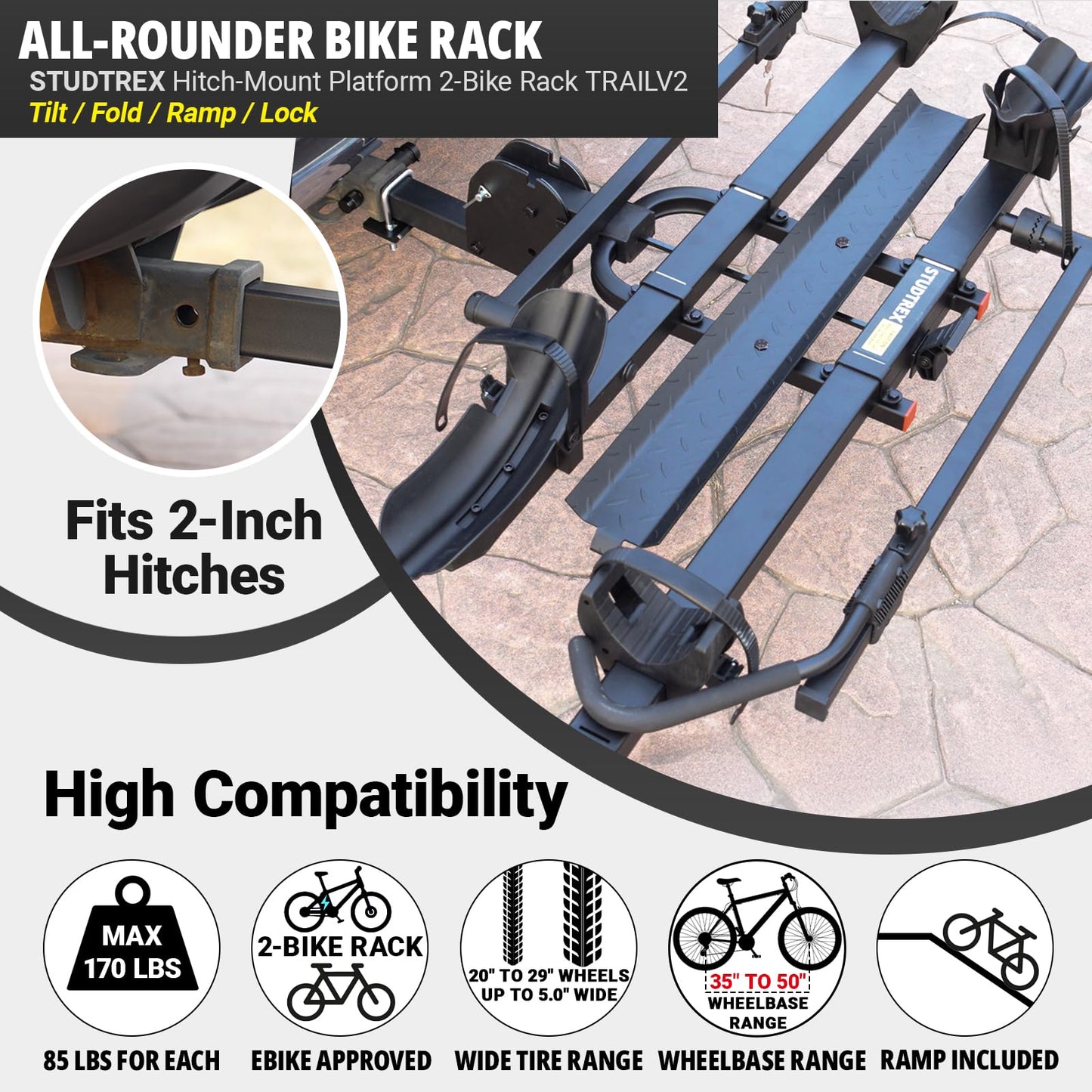 STUDTREX TRAILV2 Hitch Mount 2-Bike Rack with Bike Ramp - Tilt, Fold, Anti-Theft Hitch & Wheel Lock, 170lbs Capacity, 2-Inch Receiver, Up to 5.0" Fat Tire, Electric Bike Rack for Car, SUV, RV, Truck