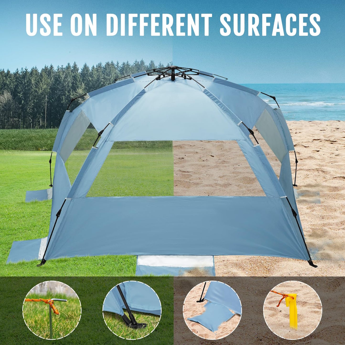 WhiteFang Deluxe XL Pop Up Beach Tent Sun Shade Shelter for 3-4 Person, UV Protection, Extendable Floor with 3 Ventilating Windows Plus Carrying Bag, Stakes, and Guy Lines (Light Blue)