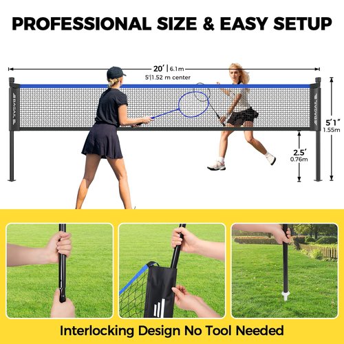BAGAIL Outdoor Badminton Net Set with Anti-Sag Winch System - Official Size 20ft x 5ft, 4 Rackets, 3 Shuttlecocks, Durable PE Net & Carry Bag for Backyard, Beach, Family Games - Blue