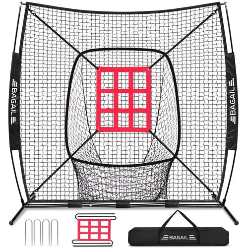 BAGAIL 7x7 ft Baseball & Softball Practice Net with Bow Frame for Batting, Hitting, Pitching, Portable Throwing Net with Strike Zone, Carry Bag, Softball Training Aid for All Levels