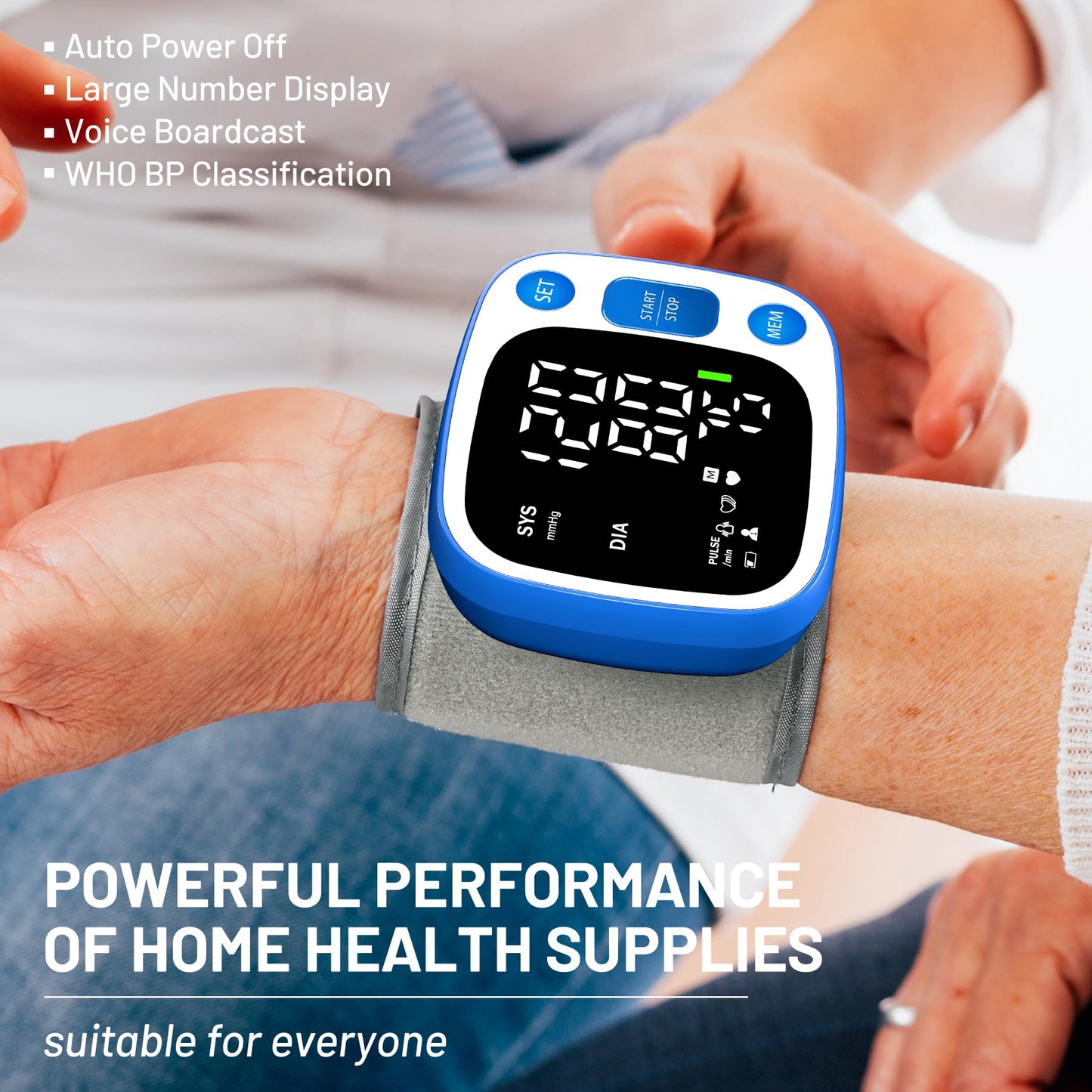 Oklar Blood Pressure Monitors for Home Use Rechargeable Wrist Digital BP Machine Cuff with LED Backlit Display, Voice Broadcast, 240 Memory Storage for 2 Users with Carrying Case, Blue