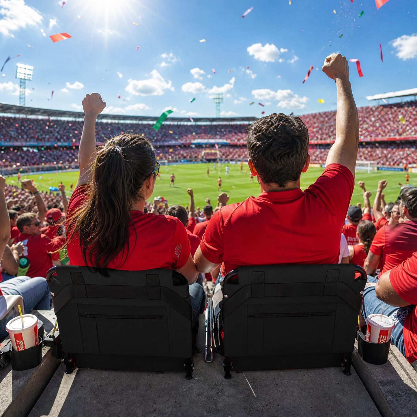 ACIPENSER 2pcs Stadium Seat for Bleachers with Back Support，Portable Bleacher Chairs with Back and Cushion，Includes Shoulder Strap and Cup Holder,Black