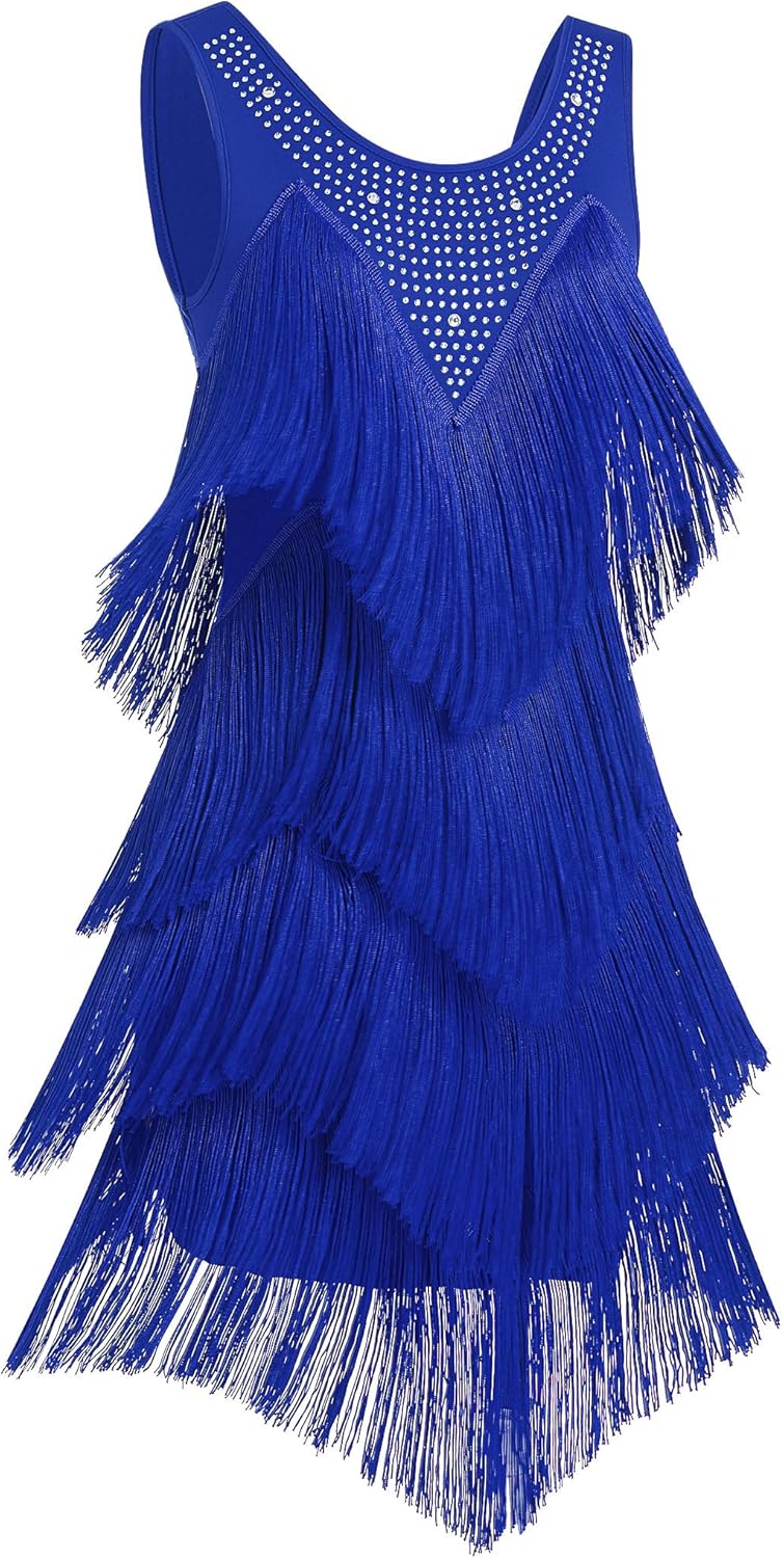 IWEMEK Rhinestones Layered Fringe Dress Ballroom Latin Dance Dress for Women Tiered Tassel Flapper Dresses Dancing Costume
