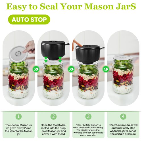 FUTESI Mason Jar Vacuum Sealer Kit,Auto Stop jar vacuum sealer for mason jars,Portable kitchen Food Storage and Canning,Includes 20 Jar Lids,with Led Screen