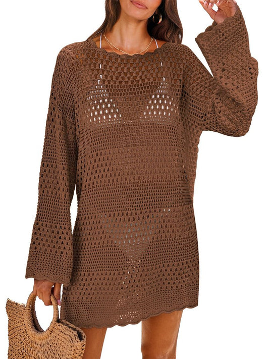 ANRABESS Women Swimsuit Crochet Swim Cover Up 2026 Summer Bathing Suit Swimwear Mesh Knit Beach Dress Vacation Outfits Brown Medium