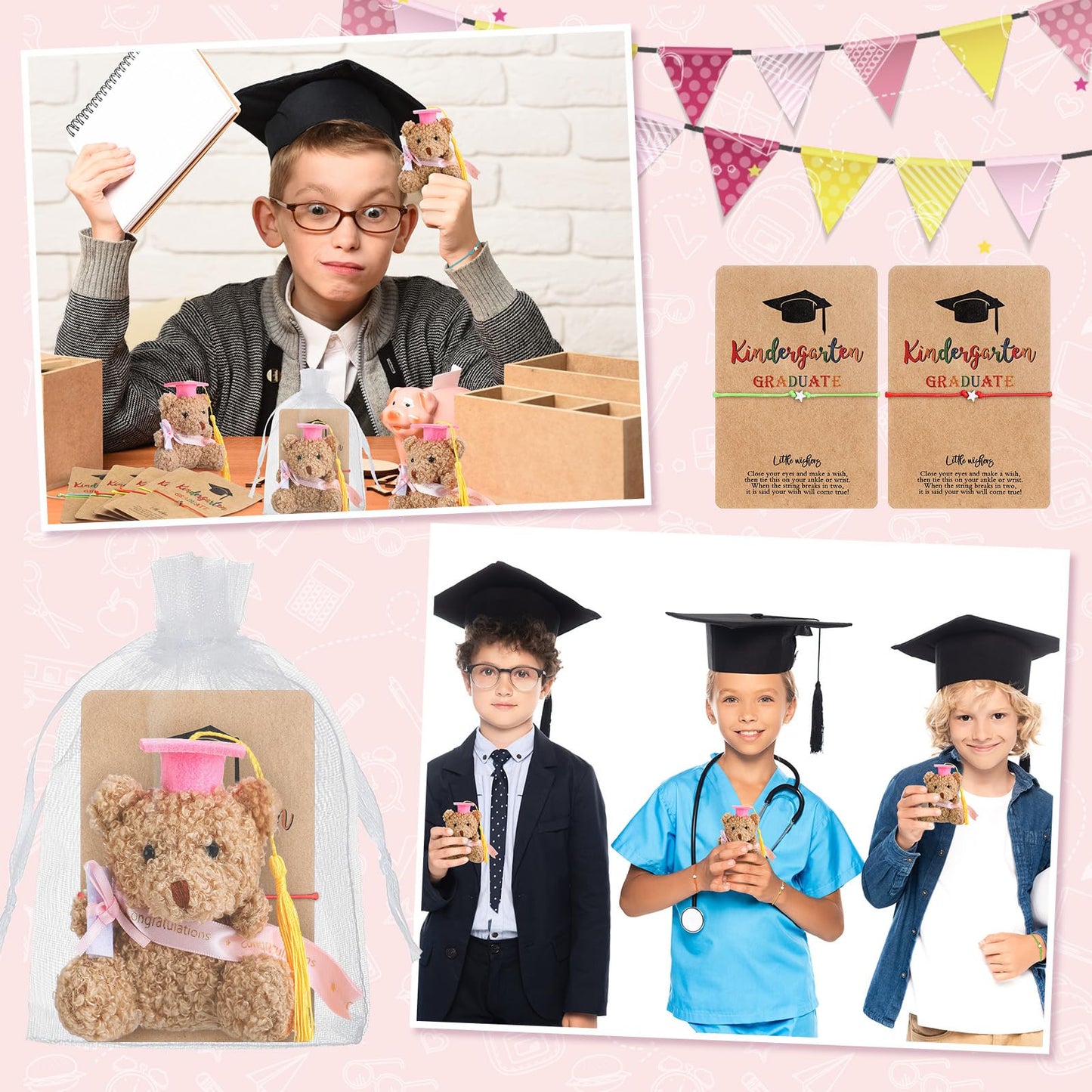Motionchic 50 Pcs 2026 Kindergarten Graduation Bear Bulk Set with 25 Graduation Gift Mini Stuffed Bears 25 Wish Bracelet Organza Bag Card for Kid Child Kindergarten Class of 2026 Party Favors(Pink)