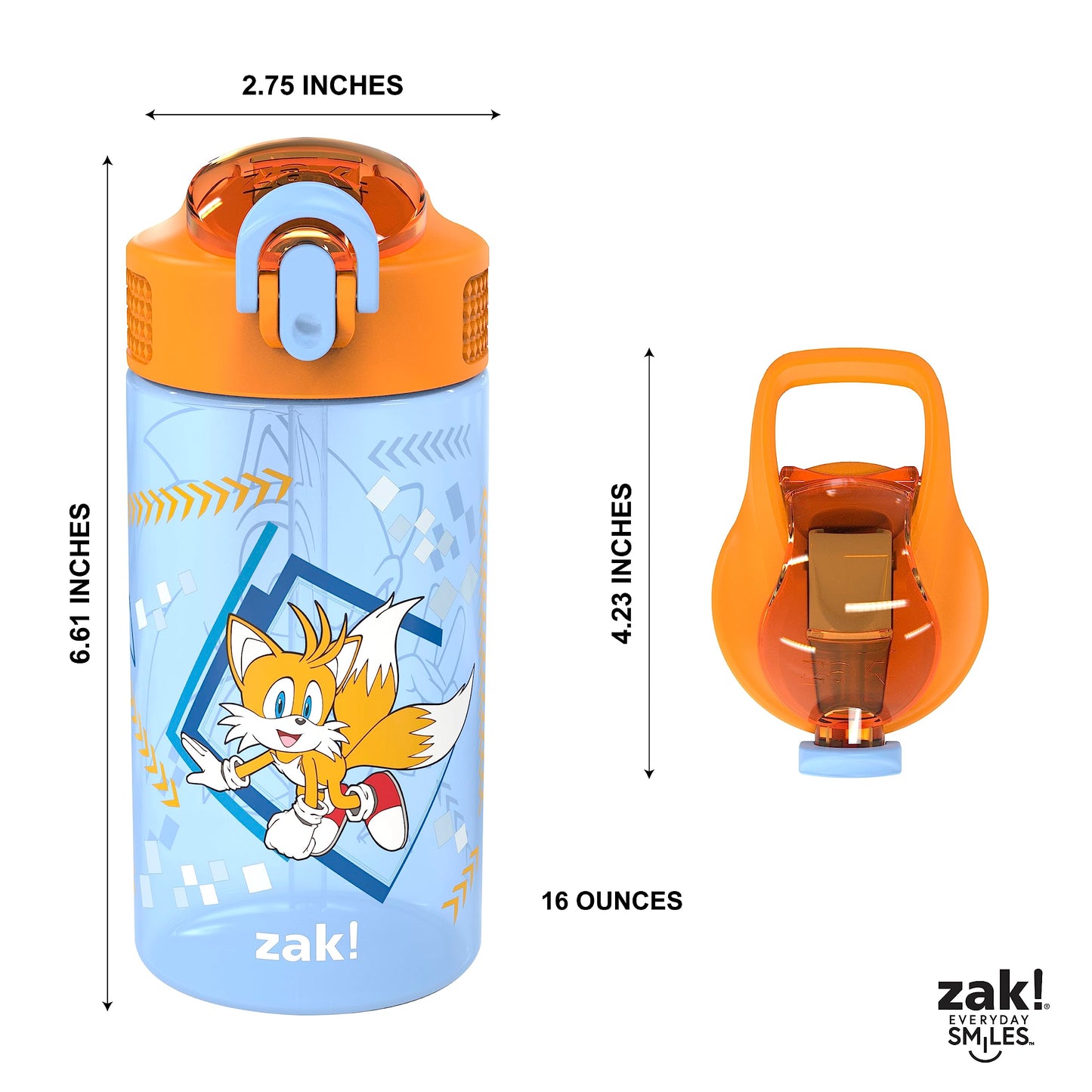 Zak Designs Sonic Kids' 2-Pack Leak-Proof Water Bottles With Straw, Handle and Pop-Up Spout Cover