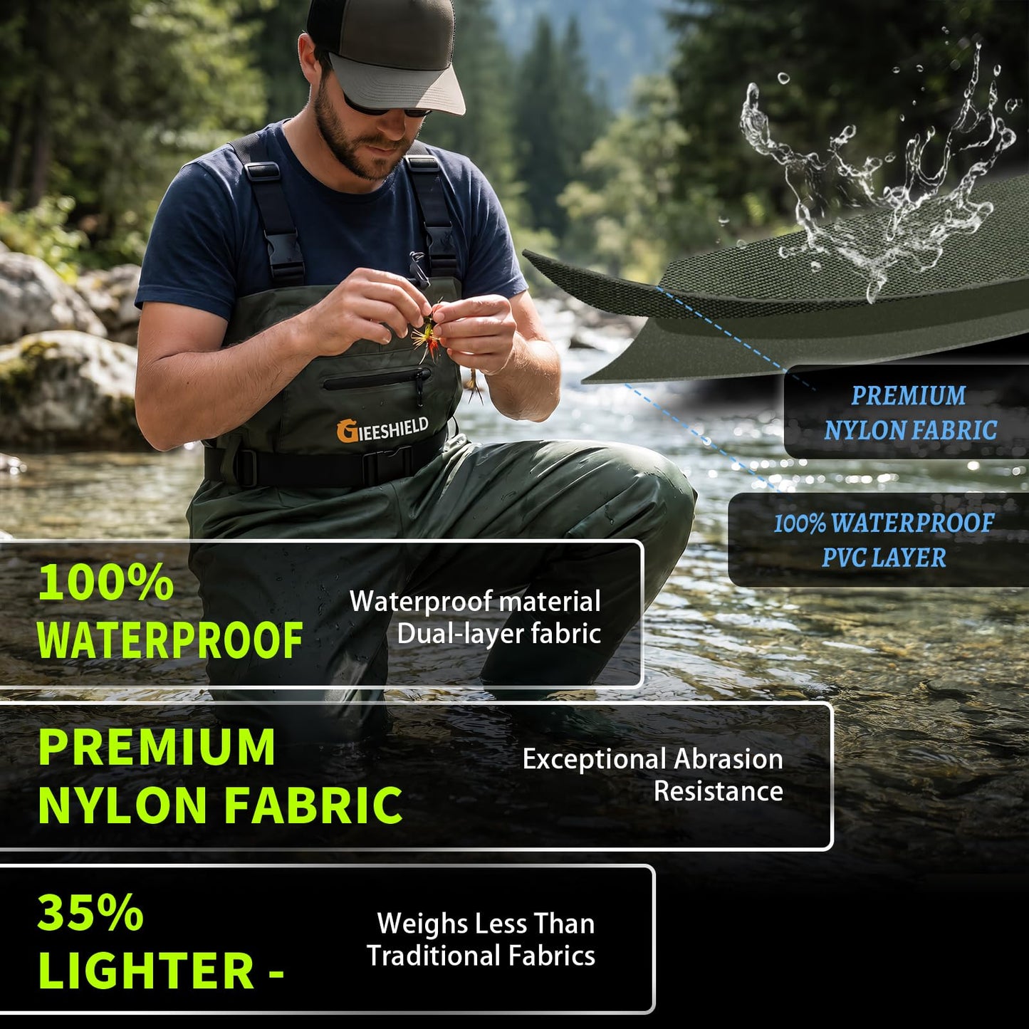 GIEESHIELD Waterproof Bootfoot Chest Waders for Men and Women, Lightweight 2-Ply Nylon/PVC Fishing & Hunting Waders with Boot Hanger - Green (Green, M6/W8)