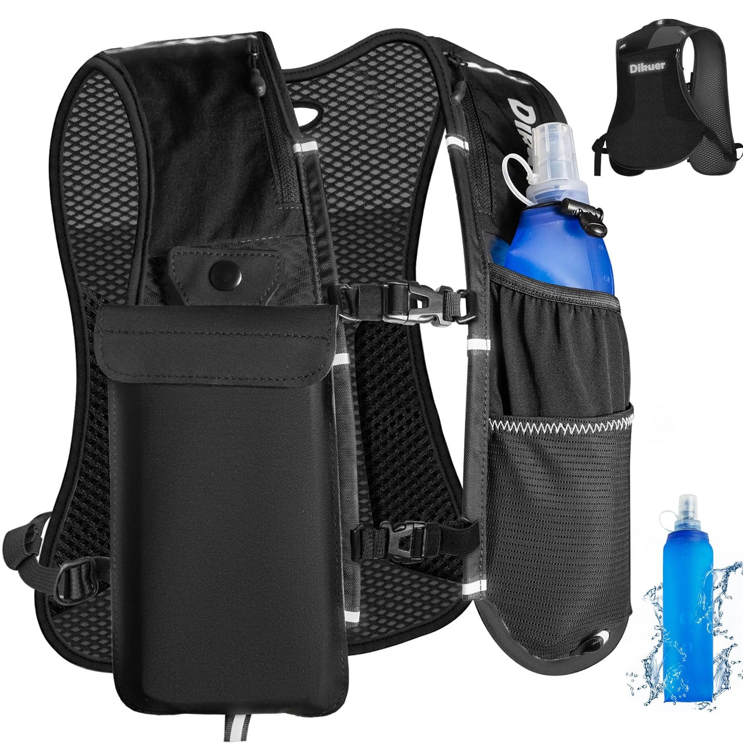 Running Vest for Women Men, Lightweight Hydration Runner Vest with Transparent Waterproof Phone Pocket, 17oz Soft Flask, Adjustable Chest Straps Reflective Backpack for Hiking Cycling Jogging
