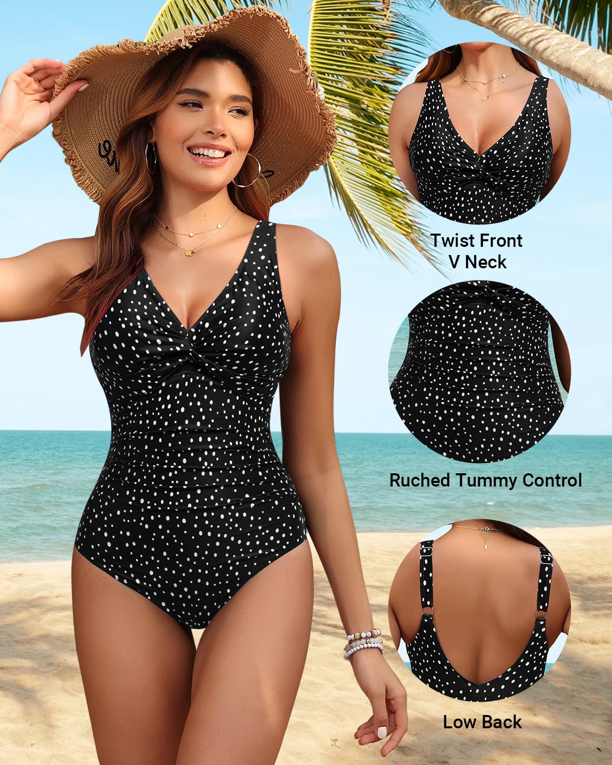 Holipick Black Dot Women Tummy Control One Piece Swimsuit - Push Up Bathing Suit Full Coverage Slimming Swimwear XXL