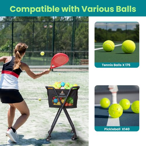 TurboStride Tennis Ball Hopper Cart with 4 Wheels – Foldable, Large Capacity Pickleball & Tennis Ball Collector for Court Training & Coaching