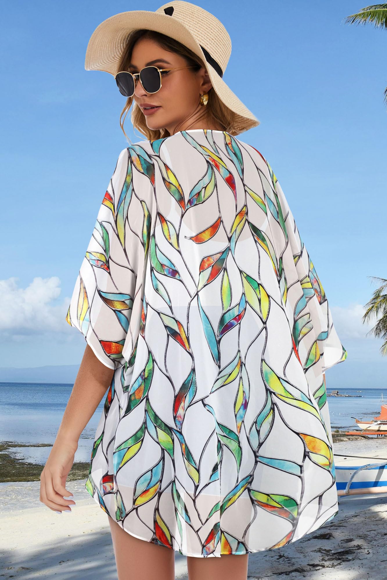Womens Short Cardigans Casual Cover Up Open Front Kimono Tops Bathings Suit Shawl (White Colorful Leaves,XL)