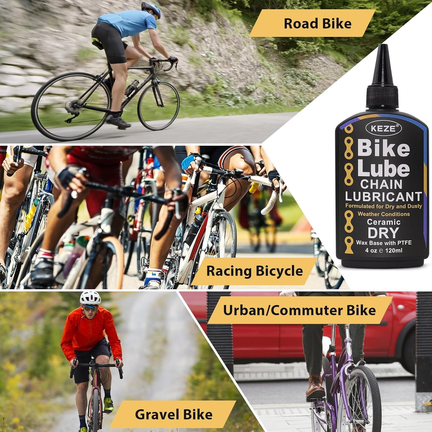 Keze Dry Bike Chain Lube MTB Mountain Bicycle Chain Oil Ceramic Bike Lube with PTFE Ebike Lubricant Against Wear, Reduces Friction Noise & Chainsuck, for Dry and Dusty Weather Conditions, 120 ml