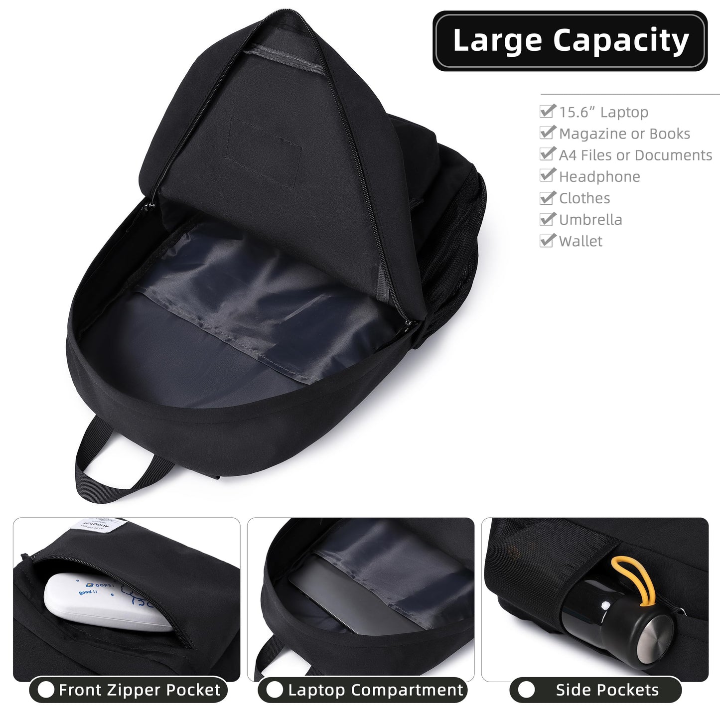 Backpack for Women Men 17 Inch Laptop Back Pack Large College Bookbag Kids Elementary Middle High School Bag for Girls Boys Teens Students Lightweight Travel Work Backpacks Casual Daypack Black