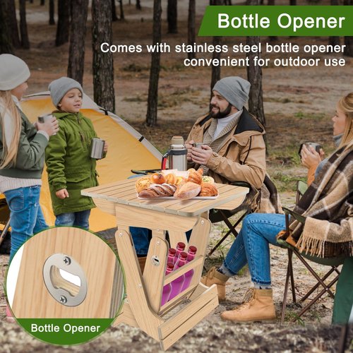Agekub Wood Portable Folding Table Bistro Table Wooden Beer Carrier with Bottle Opener Space-Saving Small Outdoor Side Table for Camping, Picnic, Park, Party, Garden Concerts