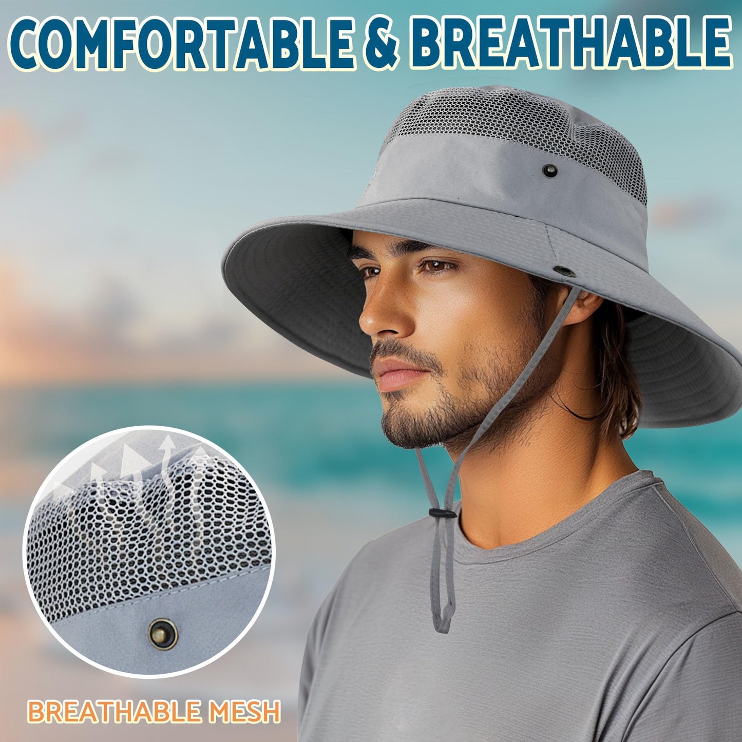 PFFY Sun Hats for Men Women Wide Brim Bucket Hat UPF 50+ Outdoor Beach Hiking Fishing Hat Darkgray (with Top Mesh)
