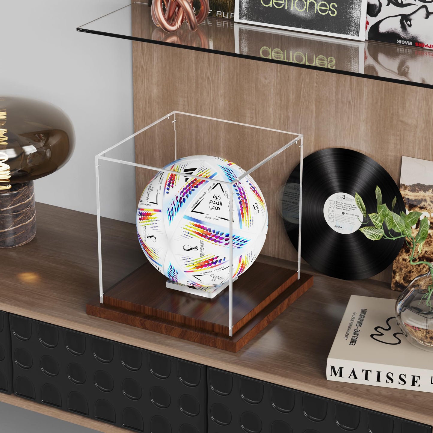 VGMiu Soccer Ball Display Case with Wood Base, Clear Acrylic Display Case Soccer Box with Removable Built-in Ball Holder for Autographed Balls, Sports Collectibles, Memorabilia Displays