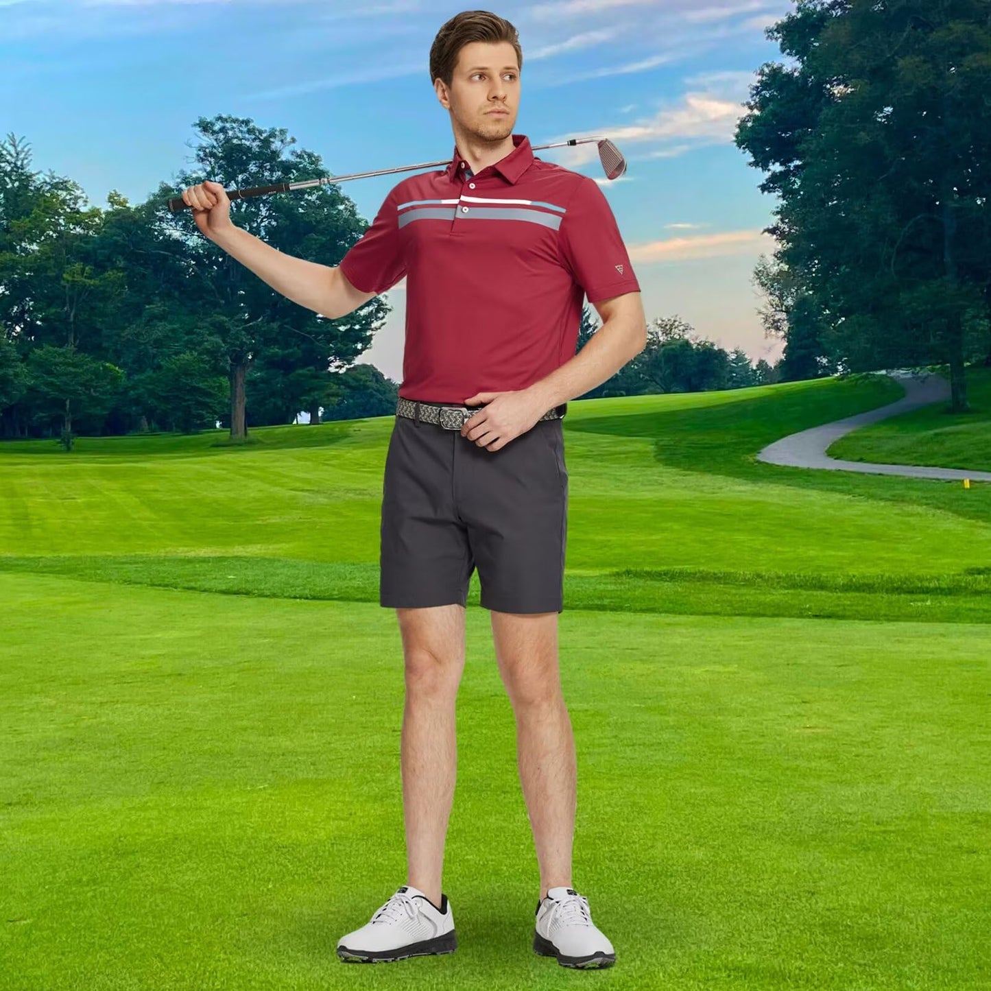 M MAELREG Mens Golf Shirts Dry Fit Short Sleeve Fashion Print Striped Casual Short Sleeve Collared Golf Polo Shirts