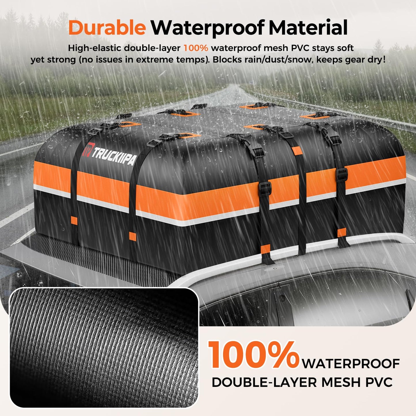 Truckiipa Car Rooftop Cargo Carrier Bag, 20 Cubic Feet Waterproof Roof Cargo Carrier Bag, Soft Shell Car Top Cargo Box for All Vehicles with/Without Racks, Anti-Slip Mat, Door Hooks, Luggage Lock
