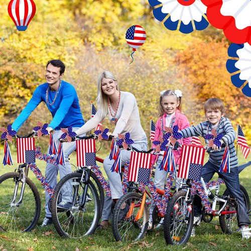 Liliful 60 Pcs 4th of July Bike Decoration Kits Parade Patriotic Decor Bike Streamers Bicycle Ribbon Tassels American Flag with Pole Blue Pinwheels Decoration for Bicycle Parade Party Favors