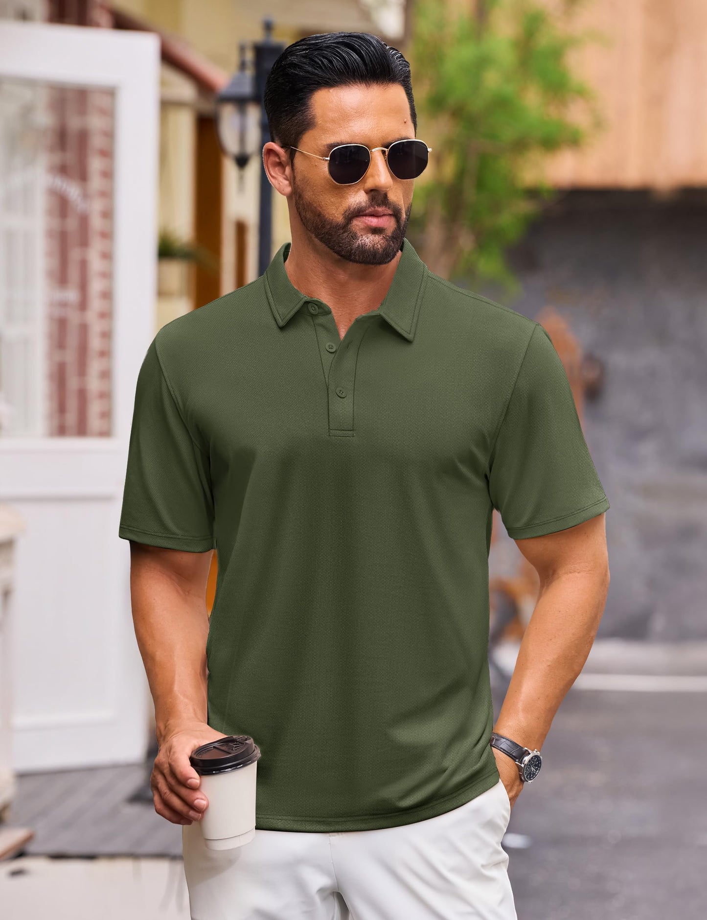Cotrasen Polo Shirts for Men Cotton Short Sleeve 3 Buttons Classic Fit Casual Performance Soft Cooling Golf Tee Shirts Army Green XL