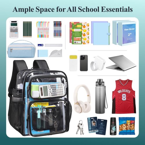 PACKISM Clear Backpack for School - 17 Inch Heavy Duty Clear Bookbag with PU Leather Straps 2 Front Pockets for Boys Girls Students, Transparent PVC See Through Backpacks, Black (Age 12+)