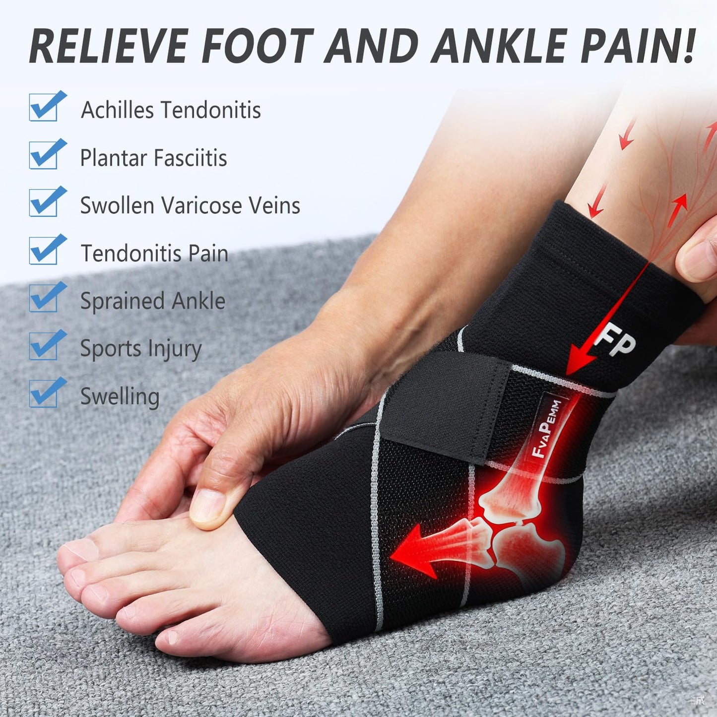 FvaPemm Ankle Brace for Women Men, 2 Pack Ankle Compression Sleeve Support Copper Infused Ankle Brace for Sprained Ankle, Plantar Fasciitis Sports, Achilles Tendonitis Pain Relief, Black, S