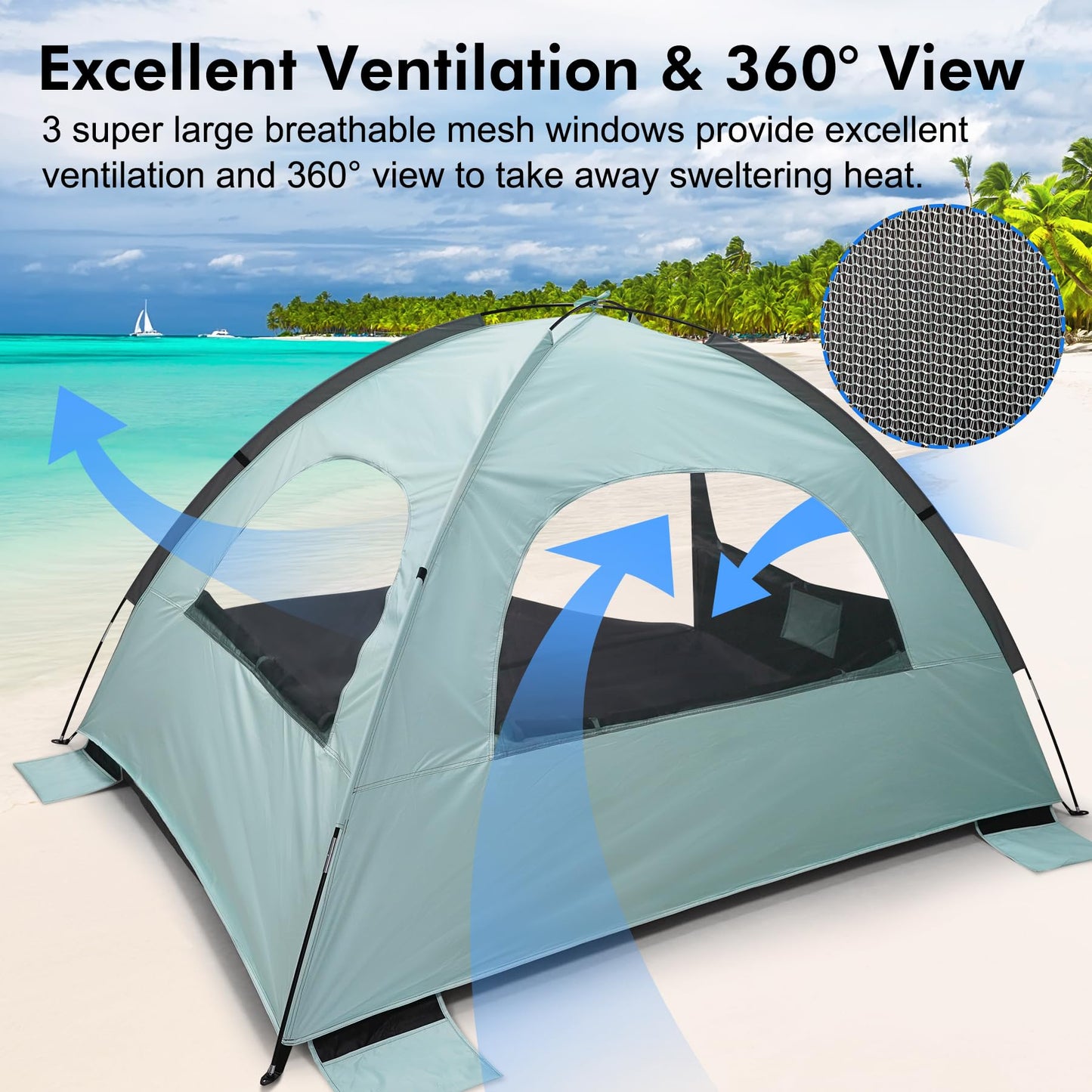 WhiteFang Beach Tent Anti-UV Portable Sun Shade Shelter for 3 Person with Blackout Shelter, Extendable Floor with 3 Ventilating Mesh Windows Plus Carrying Bag, Stakes and Guy Lines (Mint Green)