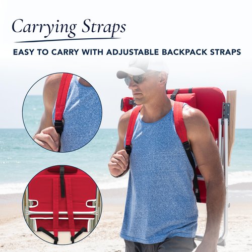 Caribbean Joe Folding Beach Chair, 4 Position Portable Backpack Foldable Camping Chair with Headrest, Cup Holder, and Wooden Armrests, Red, 33.5"D x 3"W x 25"H