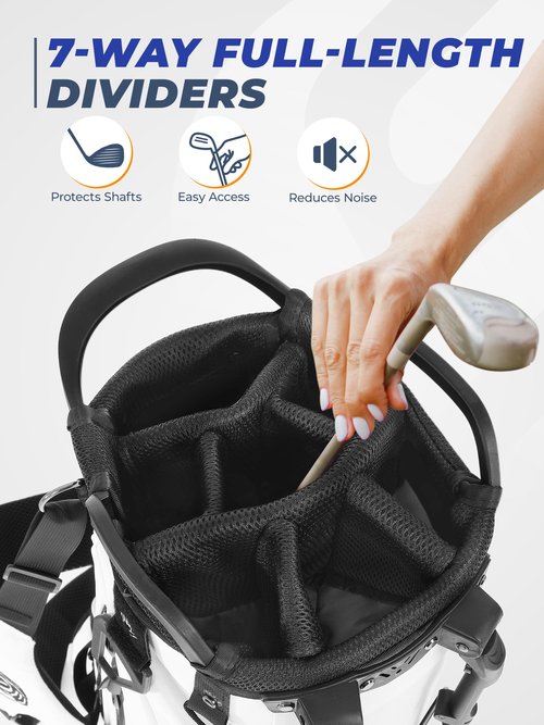 Golf Stand Bag, Lightweight Golf Bags with 7 Way Full-Length Dividers for Men Women, Cooler Pockets, Weather-Resistant, Ergonomic Adjustable Strap,White