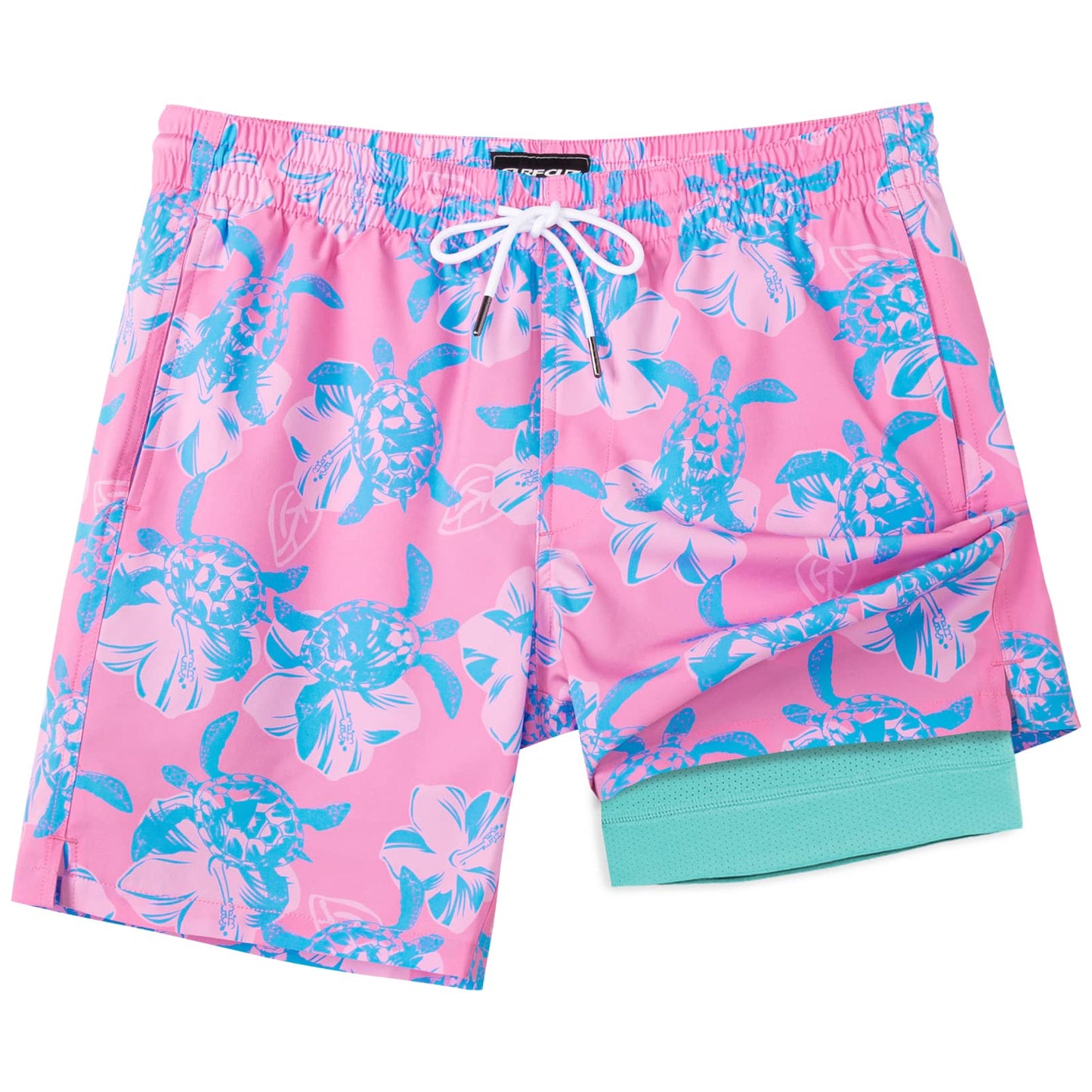 SURF CUZ Mens Swim Trunks with Compression Liner Quick Dry Swim Shorts 7" Swimming Trunks Stretch Zipper Pockets Pink Blue Turtles Medium