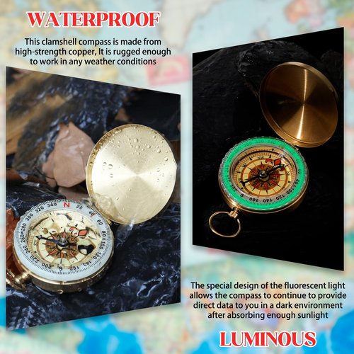 Camping Hiking Survival Compass Copper Clamshell Metal Compass Kids for Hiking Mini Whistle for Camping Hunting Outdoor Navigation Tool