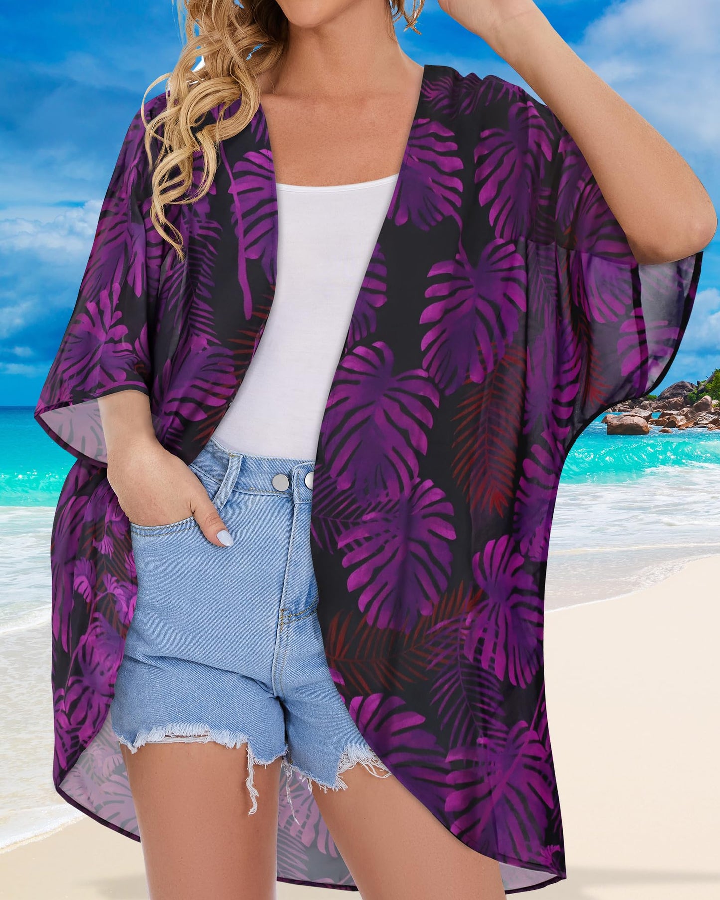 Women's Floral Kimono Cardigan Cover Up Casual Tops,Black Purple Leaves,XXL