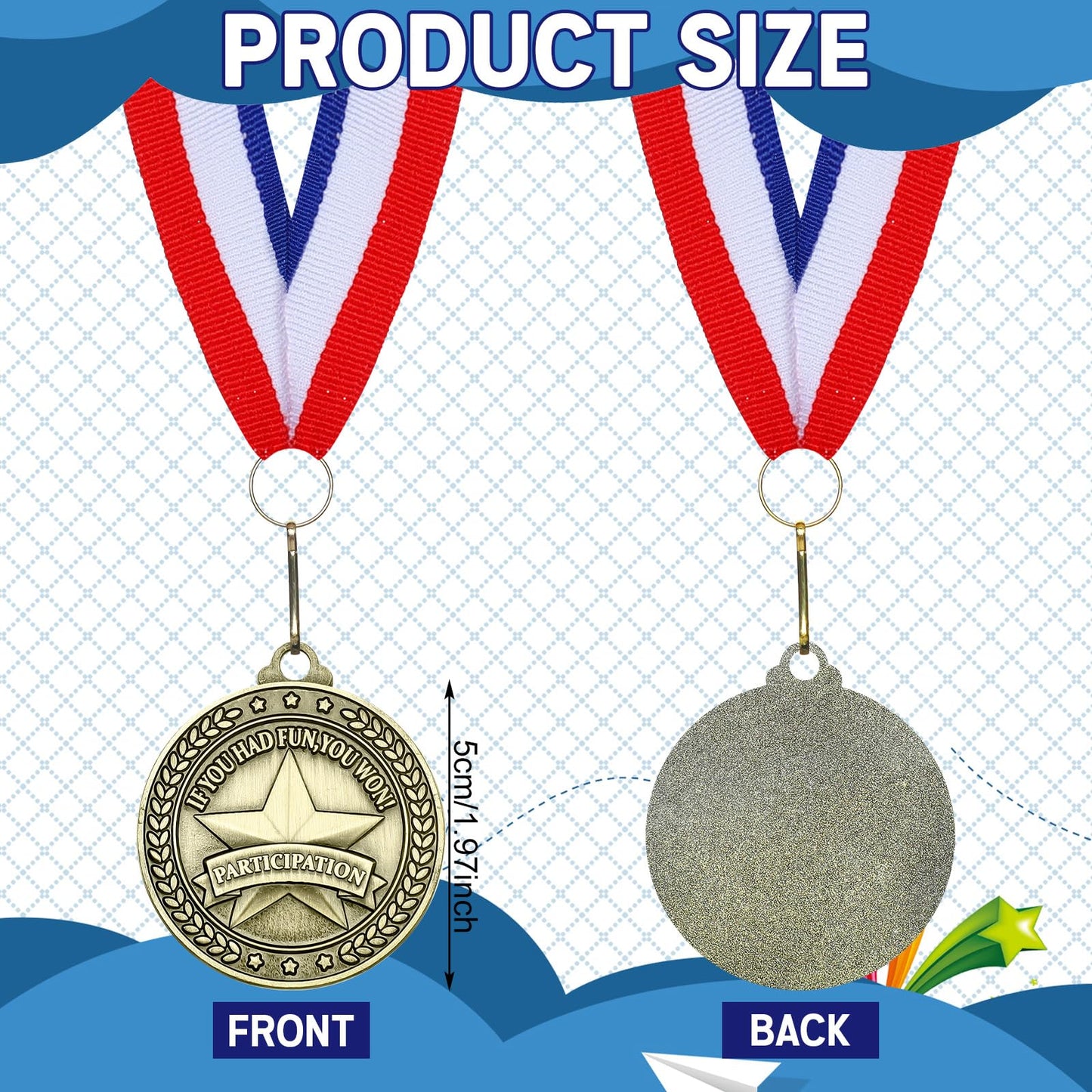 Remuuly 30 Pcs Gold Medals Bulk 2'' Basketball Soccer Baseball Volleyball Football Lacrosse Kickball Cheer Bowling Trophy Medals for Awards for Sports Participation Winner Gift(Gold,Participate)