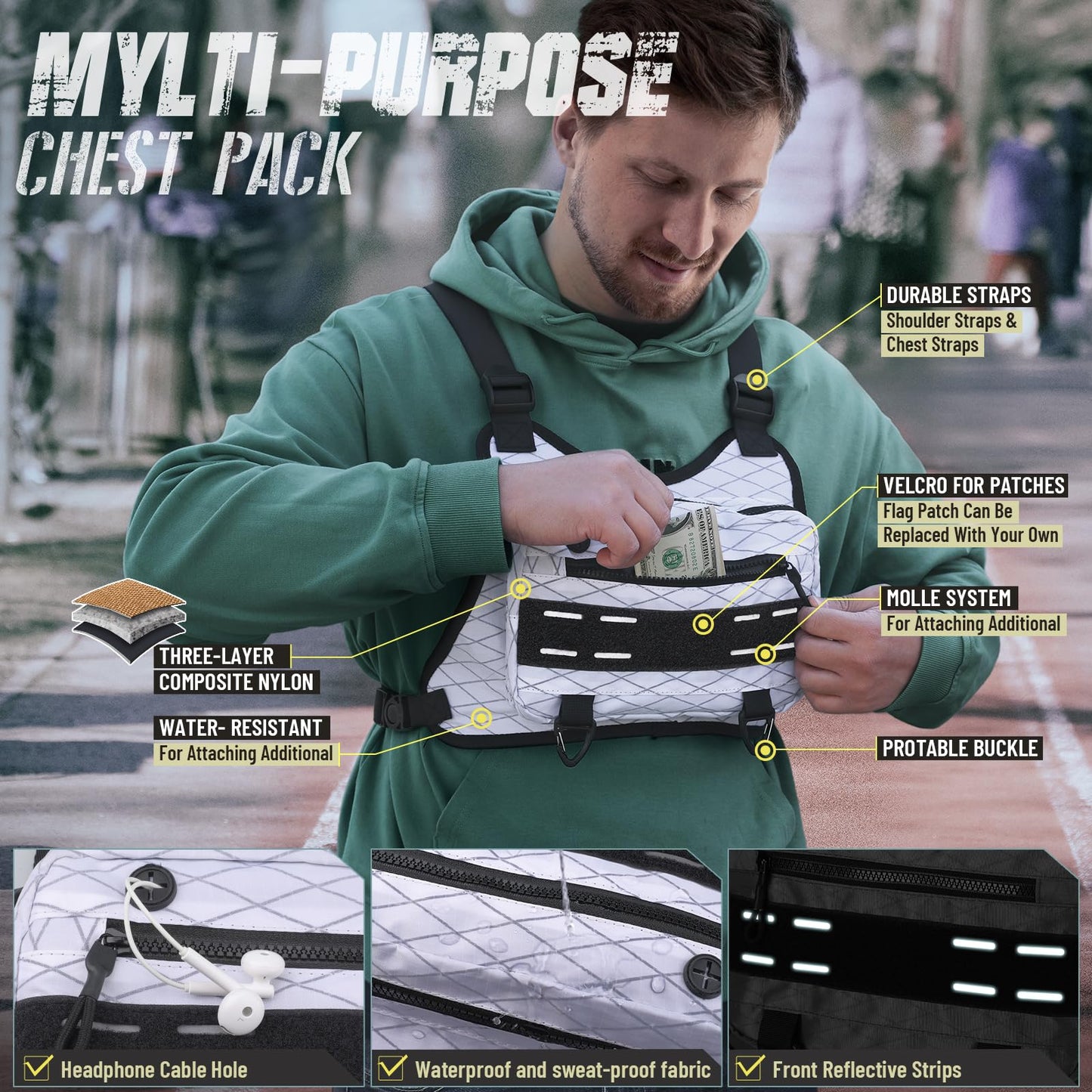 RXW Outdoor Sport Chest Rig for Men Women, Running Vest Bag with Pack Holster, Chest Pack Built in Phone Holder for Cycling, Camping,Travel, Hiking, Workouts, EDC（White）