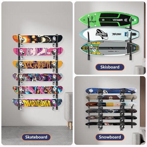 Tongyuyan Snowboard Rack-6-Tier Skateboard Wall Mount & Skateboard Rack –Snowboard Wall Mount – Space-Saving Multi-Functional Storage Solution-Black