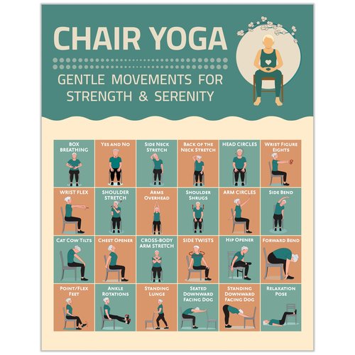 Chair Yoga Exercise Poster - Illustrated Stretching Poses Chart, Workouts, Instructions, Mobility Practice, Inspirational Routine, Wall Art for Seniors, Home Gym Picture, Meditation Decor, Flexibility