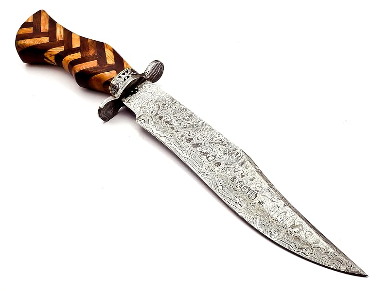 Damascus Fixed Blade Hunting Knife with Rosewood Handle & Leather Sheath – 15in Overall