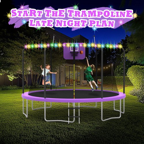 8FT 10FT 12FT 14FT Outdoor Trampoline with Basketball Hoop and LED Lights, ASTM Approved Recreational Trampolines for Kids and Adults with Net and Ladder