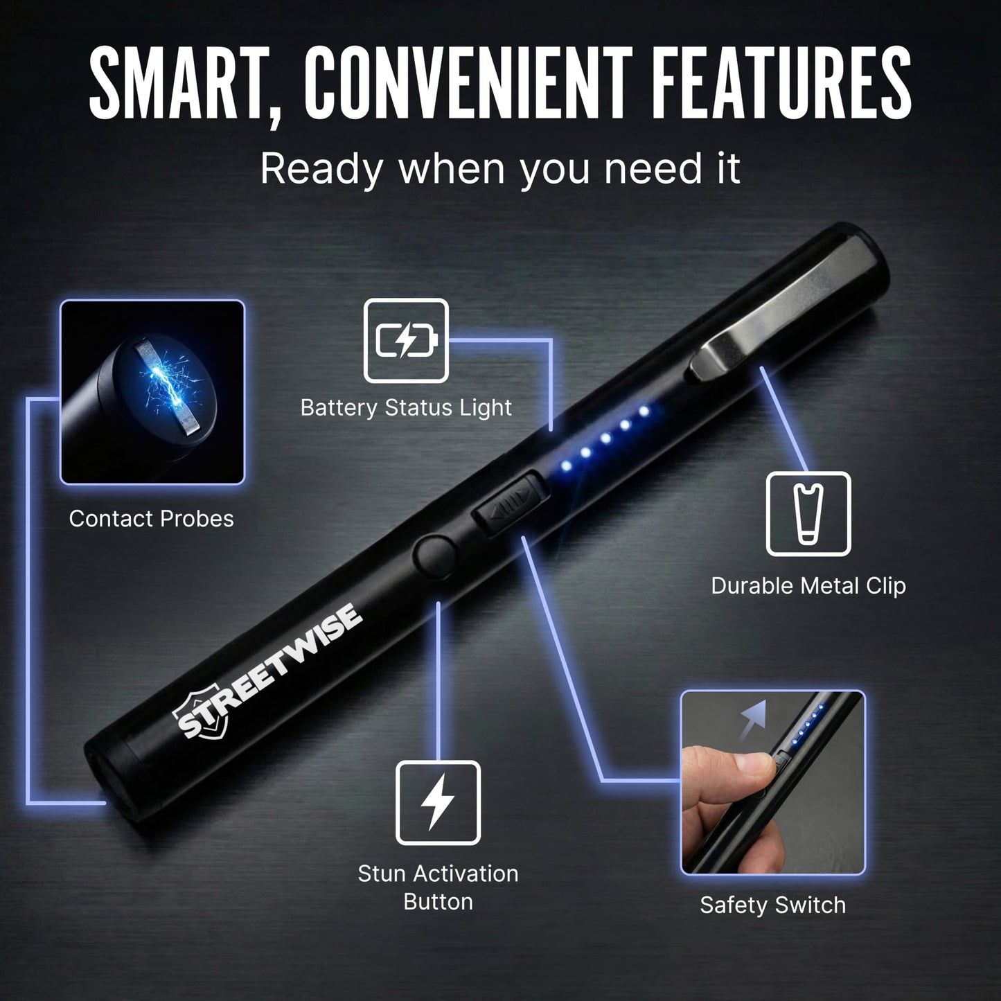 Streetwise Pain Pen 25,000,000 Volts Stun Gun for Self Protection - Tactical Stun Pen for Women and Men, USB Rechargeable, Battery Indicator, Durable Clip, Compact and Concealable for Protection