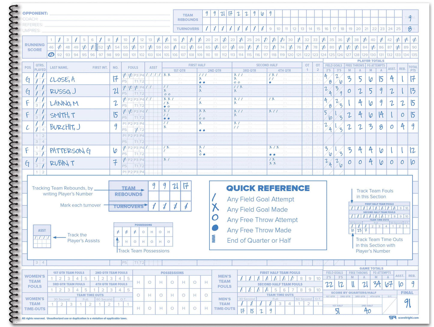 Score It Right Basketball Scorebook – 16-Player Men’s and Women’s Basketball Score Keeping Book – Basketball Game Score Book for Individual and Team Stats – 9.25 x 12-inch Hardcover Book