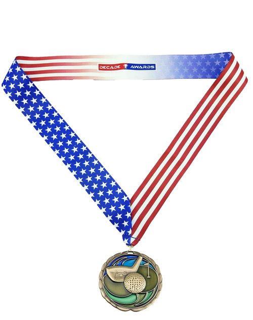 Decade Awards Golf Medal, Gold - 2.5 Inch Wide | First Place Golf Tournament Medal with Stars & Stripes Neck Ribbon